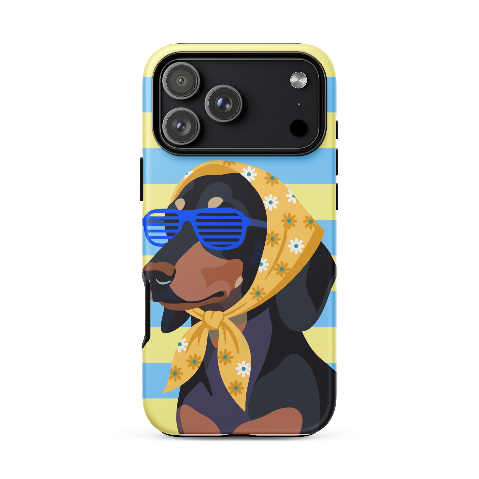 A protective phone case featuring a cartoon illustration of a black and tan dog wearing blue shutter sunglasses and a yellow daisy-patterned bandana, set against a light blue and yellow striped background.