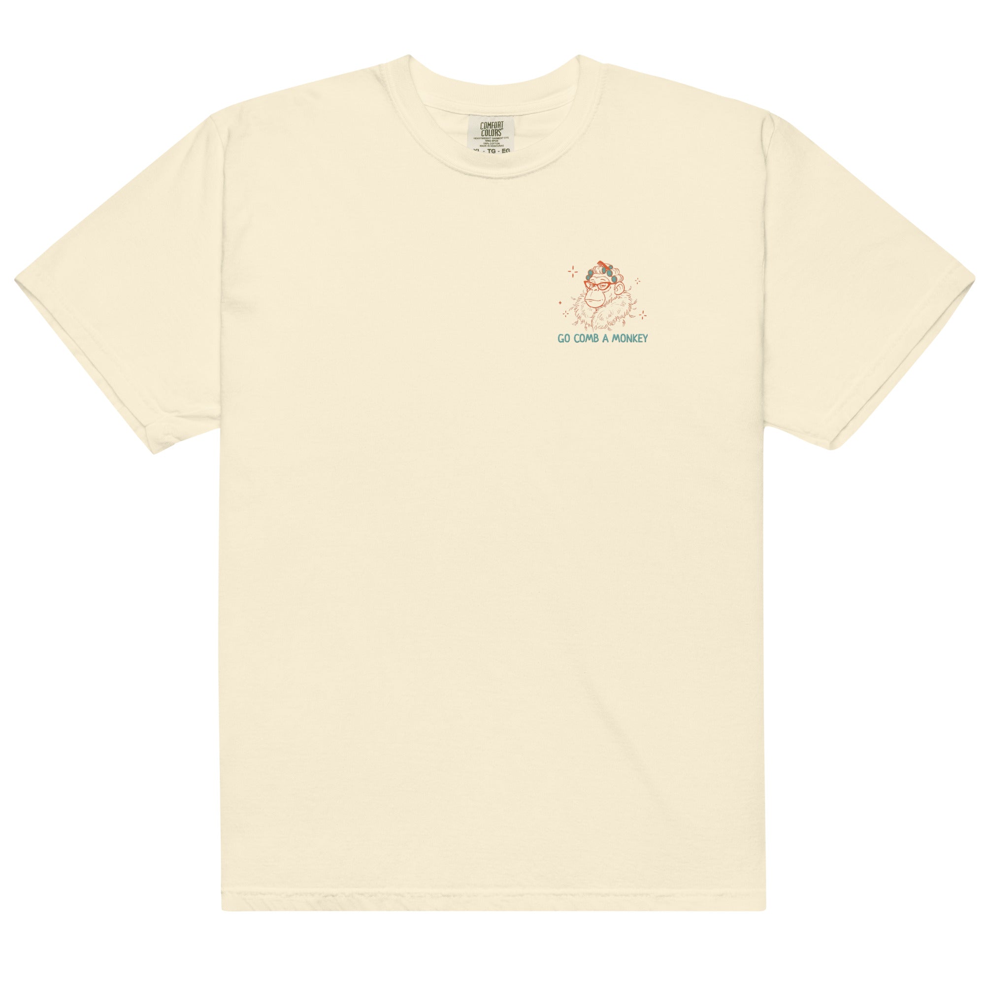 Beige t-shirt with a logo on the chest against a white background
