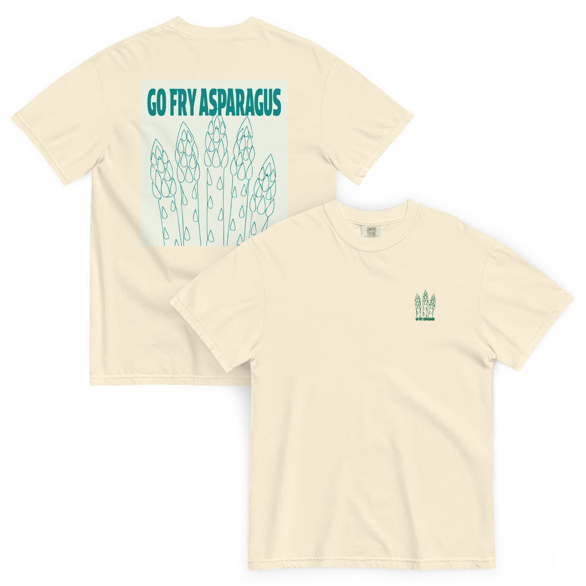 A light beige crewneck t-shirt shown from both the front and back. The front features a small green graphic of asparagus on the left chest, while the back displays a large asparagus graphic on beige square background with the text 'GO FRY ASPARAGUS'.
