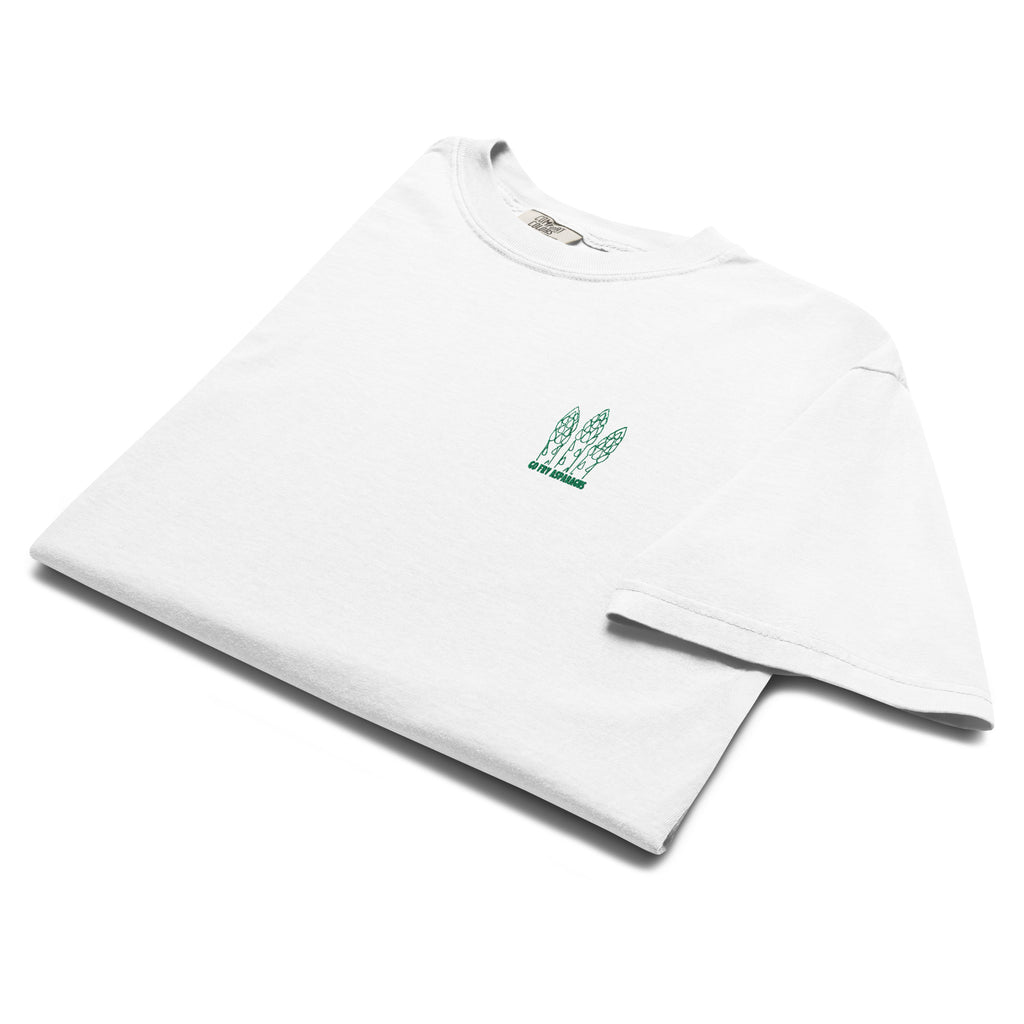 Folded white t-shirt with an embroidered asparagus graphic and the text "Go fry asparagus" on the left chest