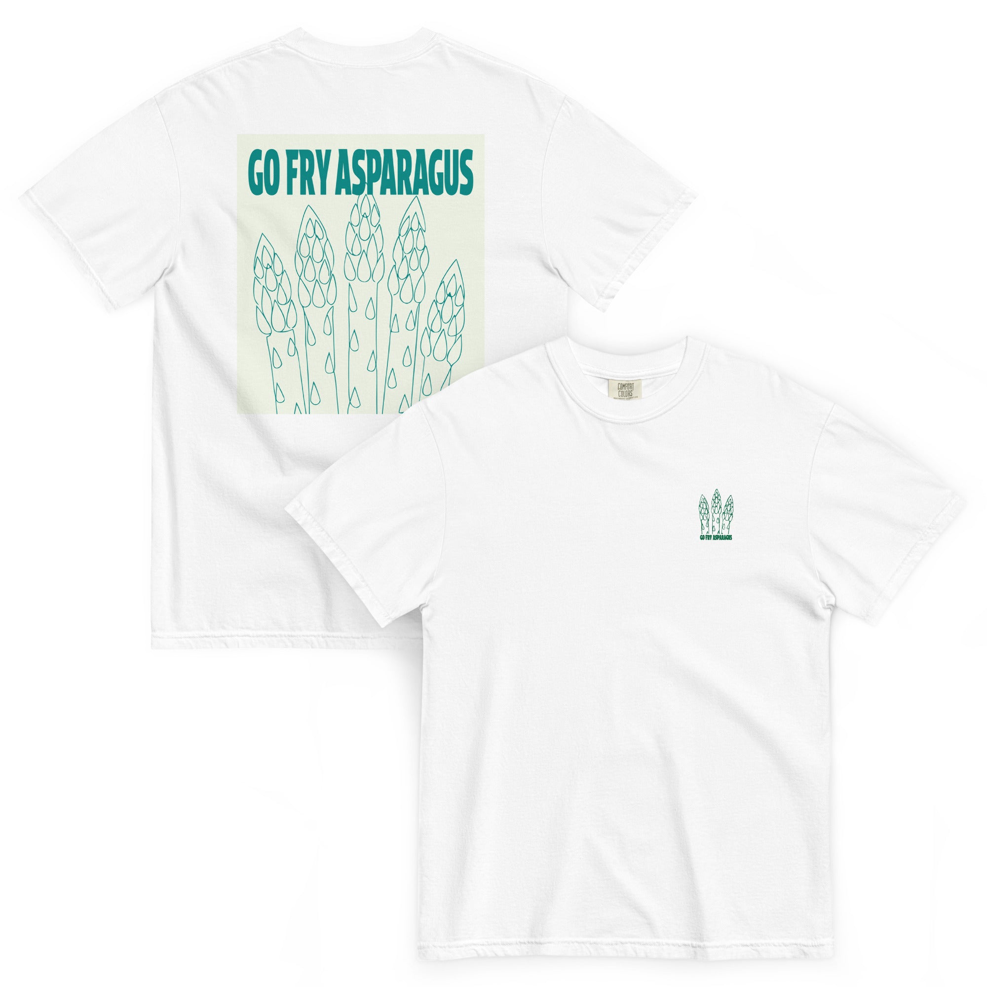 A white crewneck t-shirt shown from both the front and back. The front features a small green graphic of asparagus on the left chest, while the back displays a large asparagus graphic on beige square background with the text 'GO FRY ASPARAGUS'.