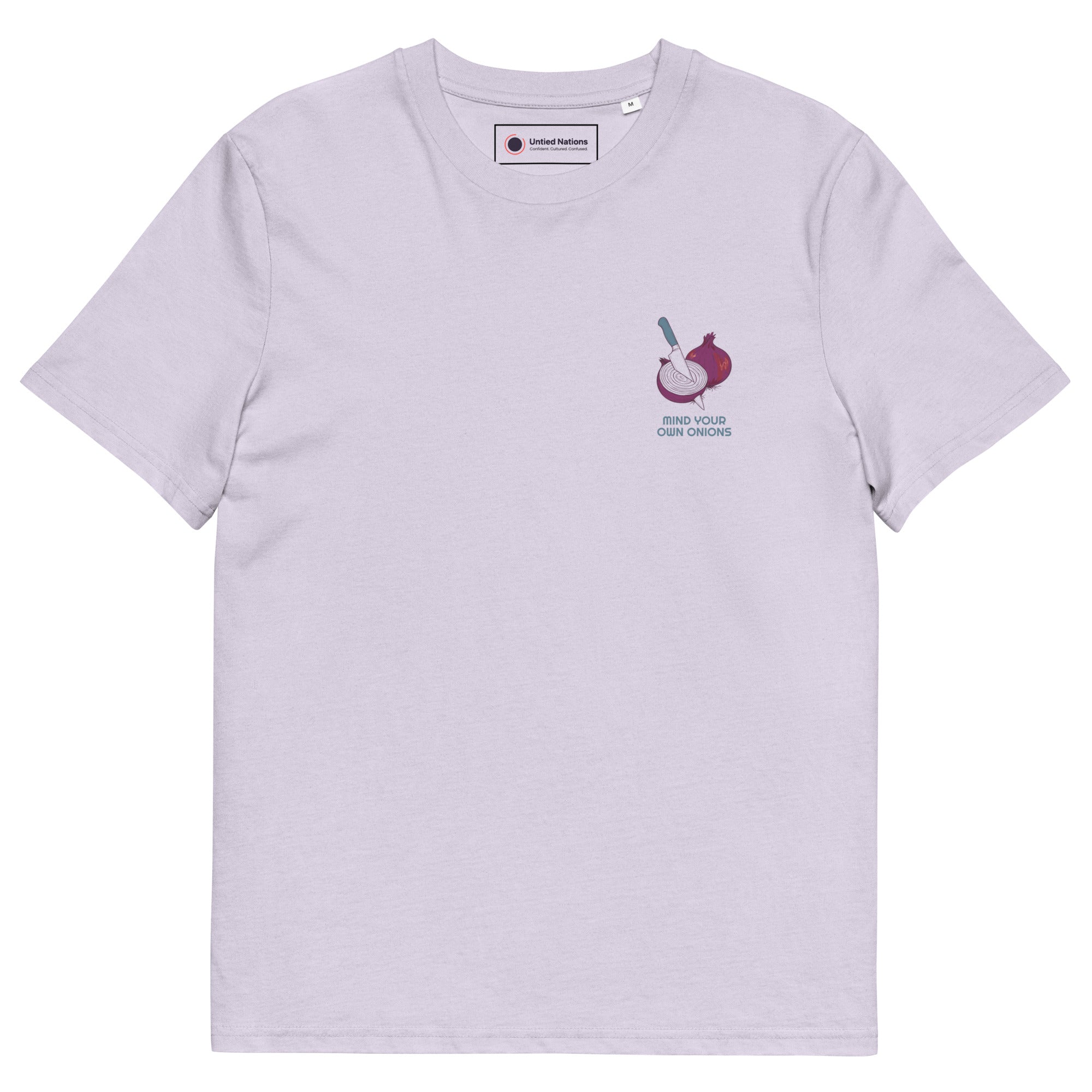 A light lavender crewneck t-shirt with a small graphic on the left chest depicting a sliced red onion with a knife and the text 'MIND YOUR OWN ONIONS'.