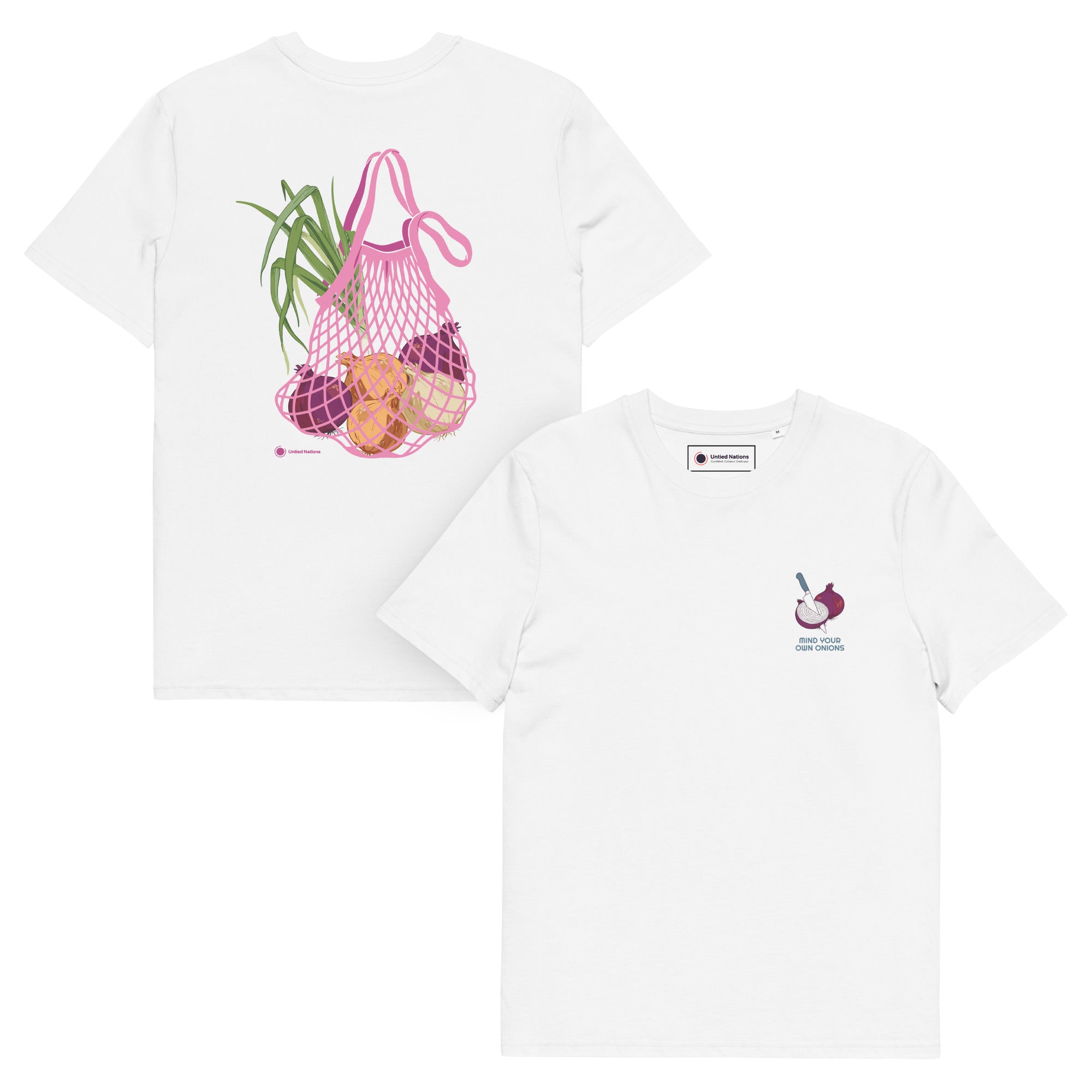 Two white short-sleeve t-shirts shown on a plain white background, displaying the front and back designs. The back shirt features a large graphic of a pink mesh bag filled with groceries, including green onions and purple onions.