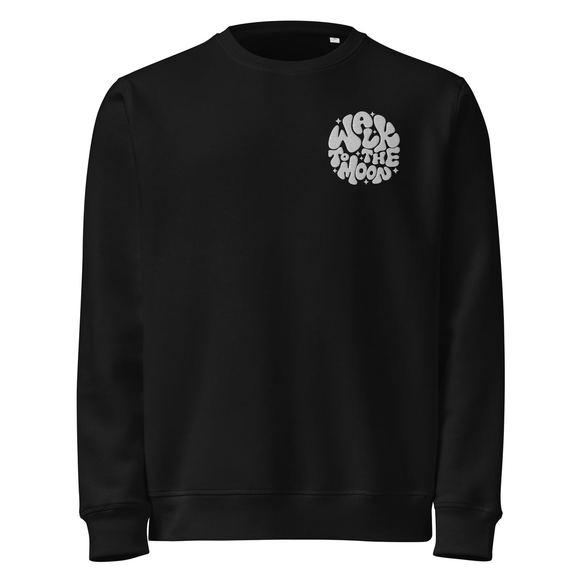 Black sweatshirt with a small graphic on the chest against a white background
