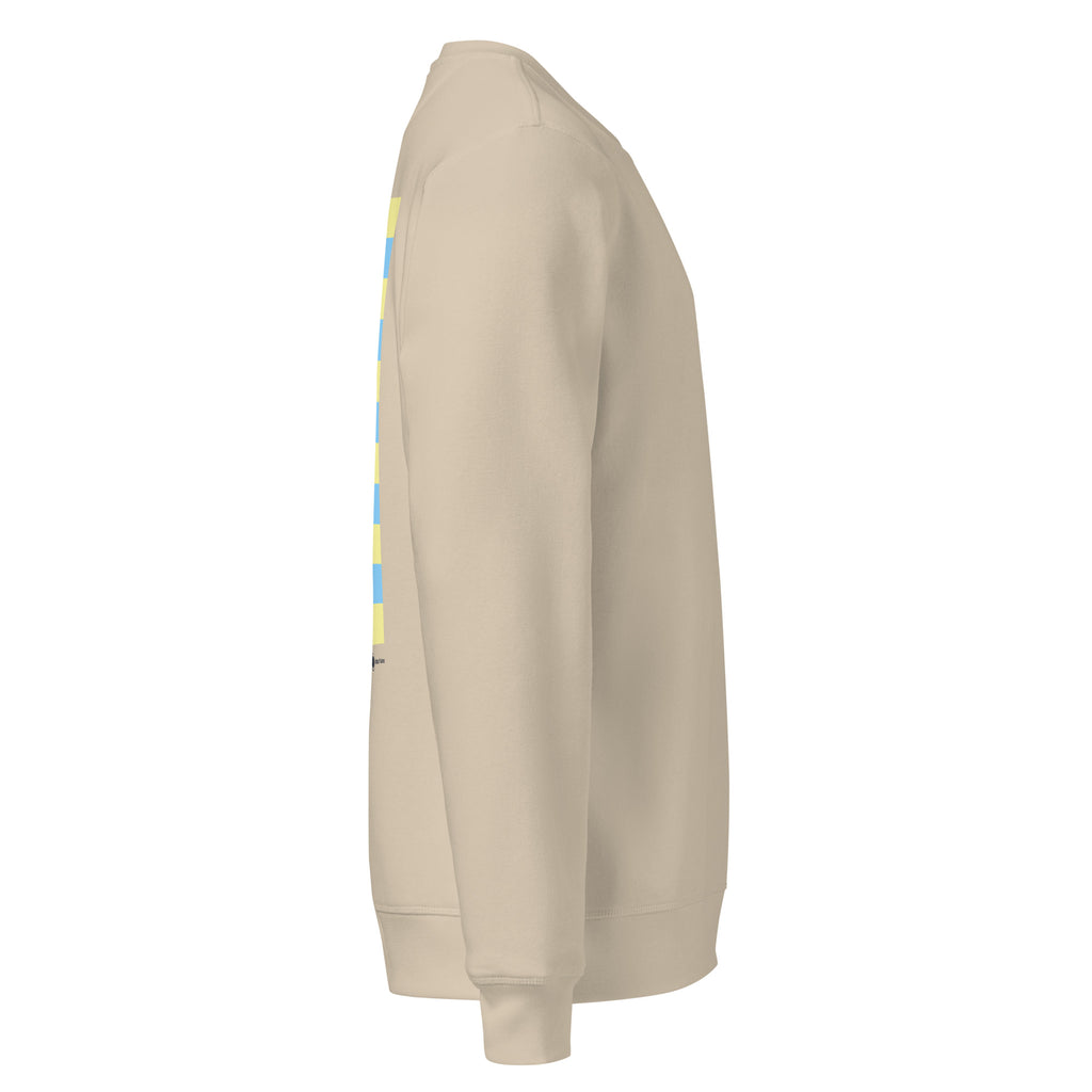 Beige sweatshirt with a logo on the chest against a white background