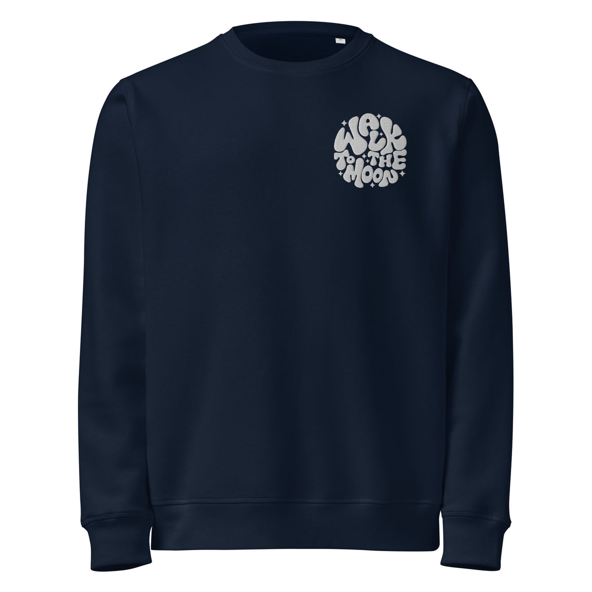 A navy blue crewneck sweatshirt with text printed in white block letters on the left chest, featuring a small yellow and green graphic on the right sleeve, shown against a plain white background.