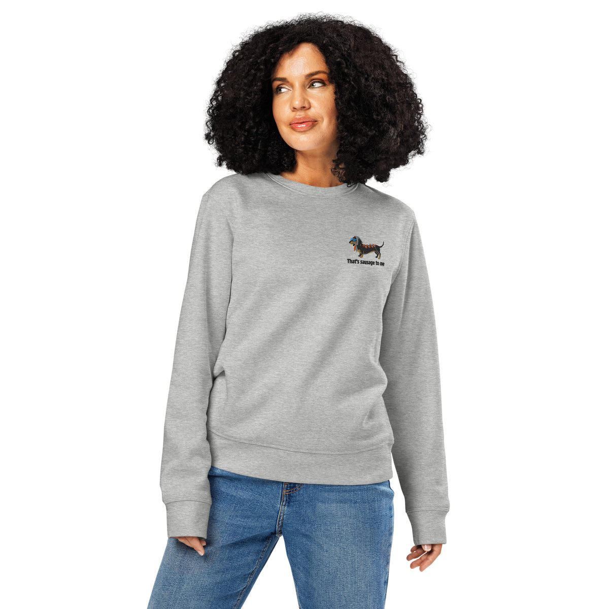 Person wearing a gray sweatshirt with  logo on a white background