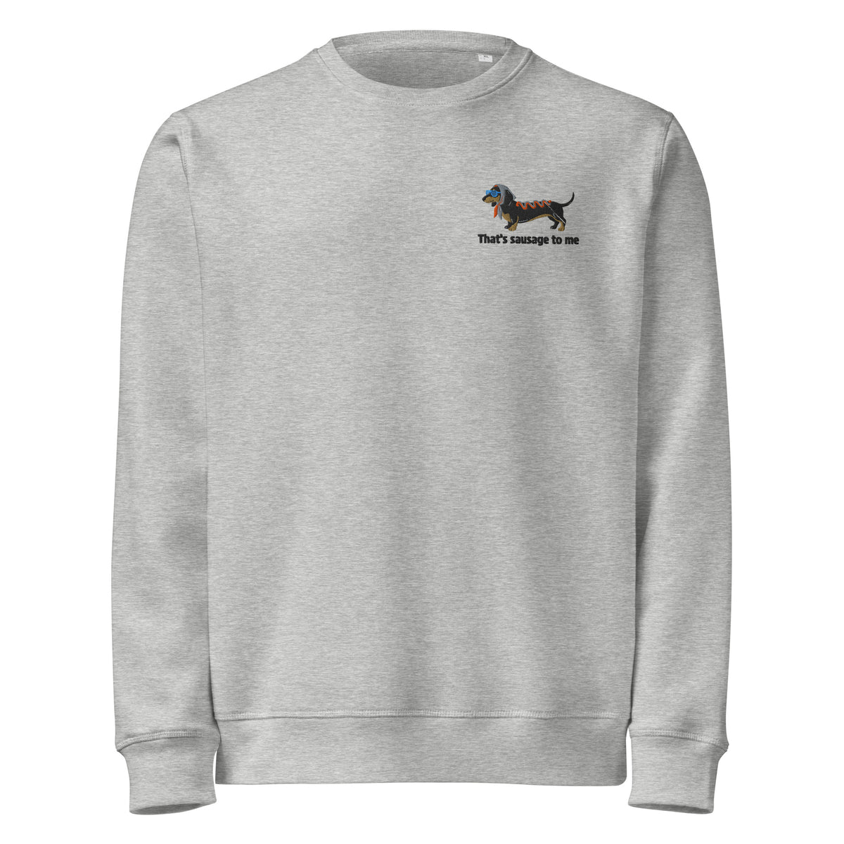 Gray sweatshirt with a small logo on the chest against a white background