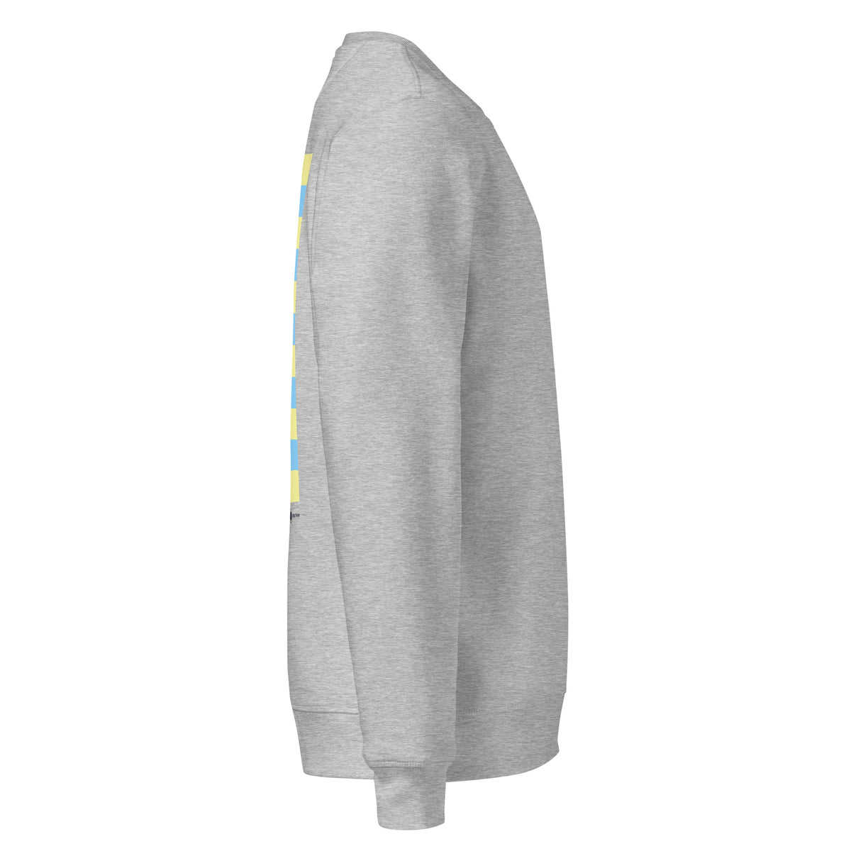 A heather gray crewneck sweatshirt shown from a side profile view, featuring a vertical graphic print on the upper sleeve in yellow and light blue.