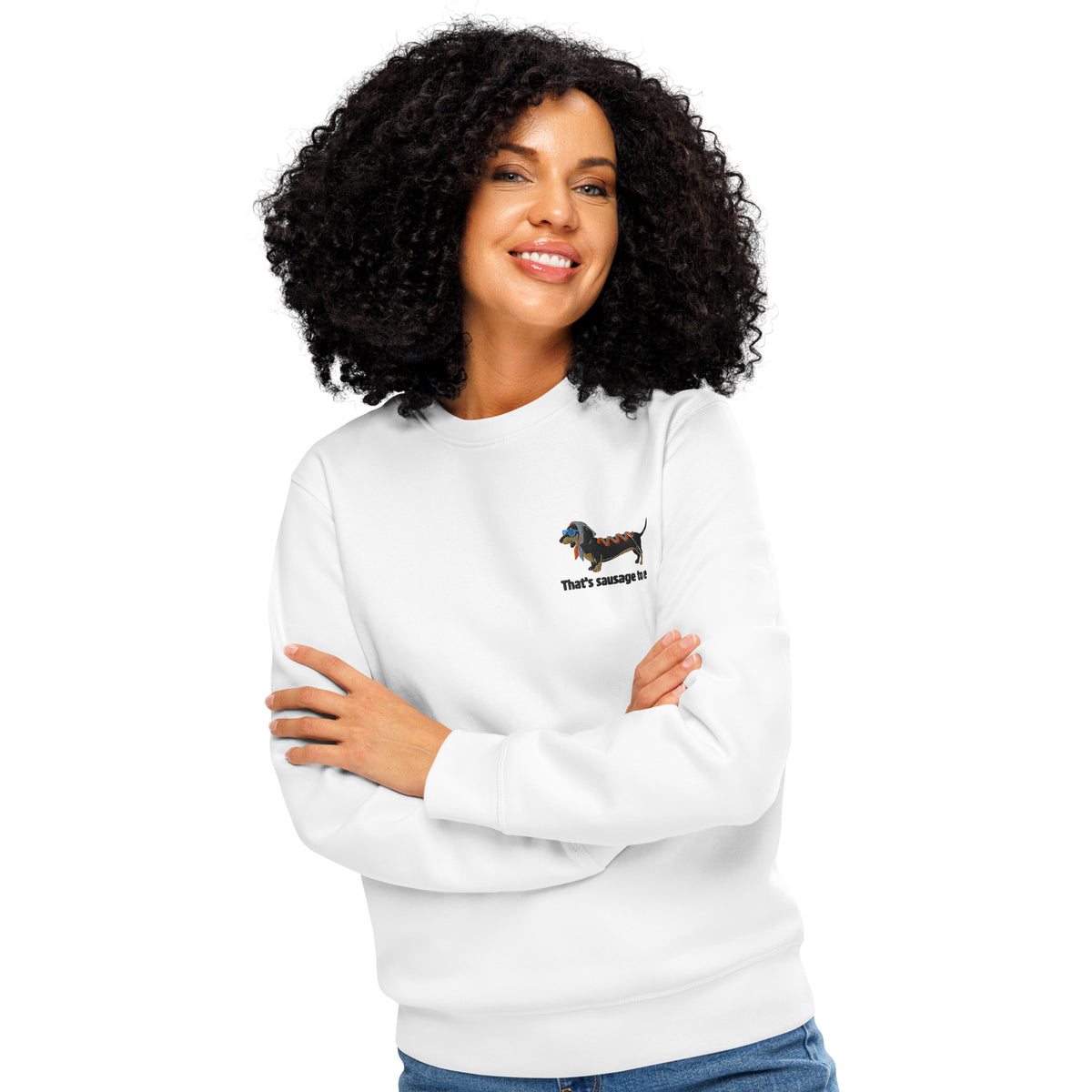 Woman wearing a white sweatshirt with a logo on a white background
