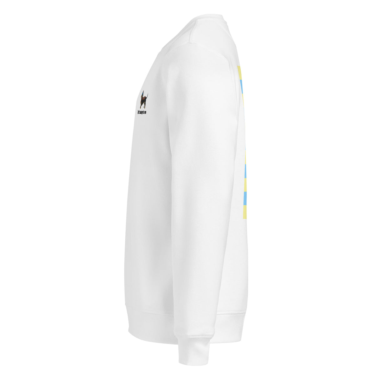 A white crewneck sweatshirt shown from a side profile view, featuring a small black graphic and text on the left chest and a vertical blue and yellow graphic on the right sleeve.