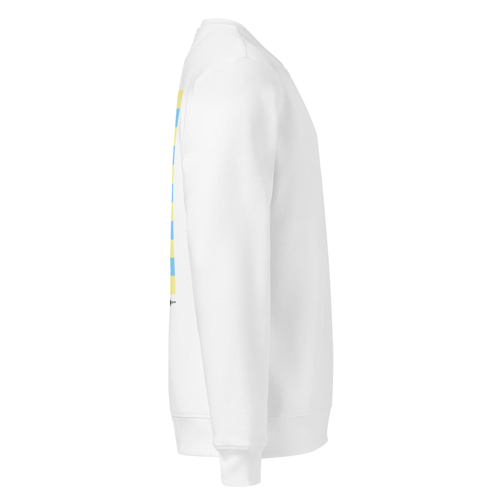 A white crewneck sweatshirt shown from a side profile view against a plain white background, featuring a vertical graphic print on the back in yellow and blue.