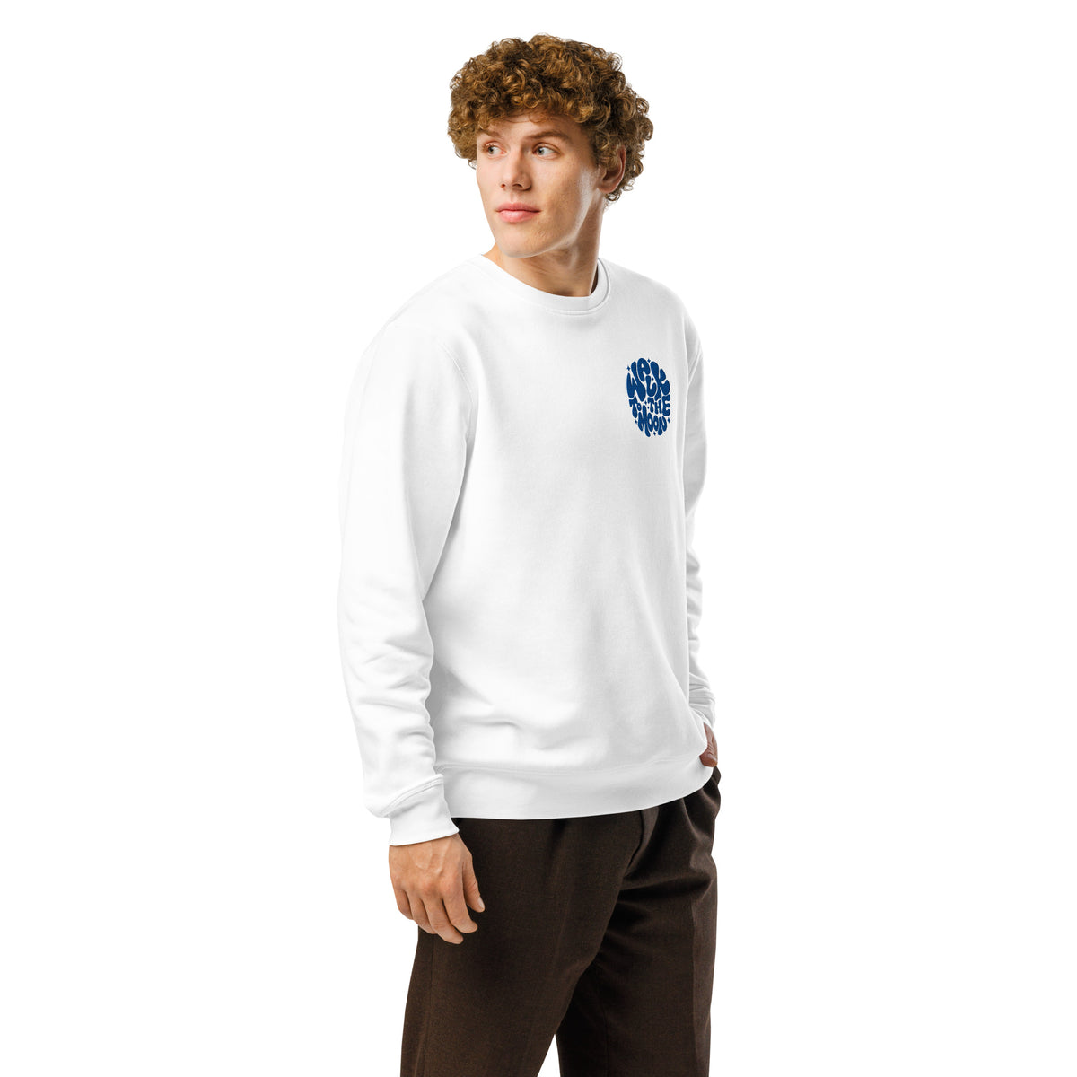 man in white sweatshirt