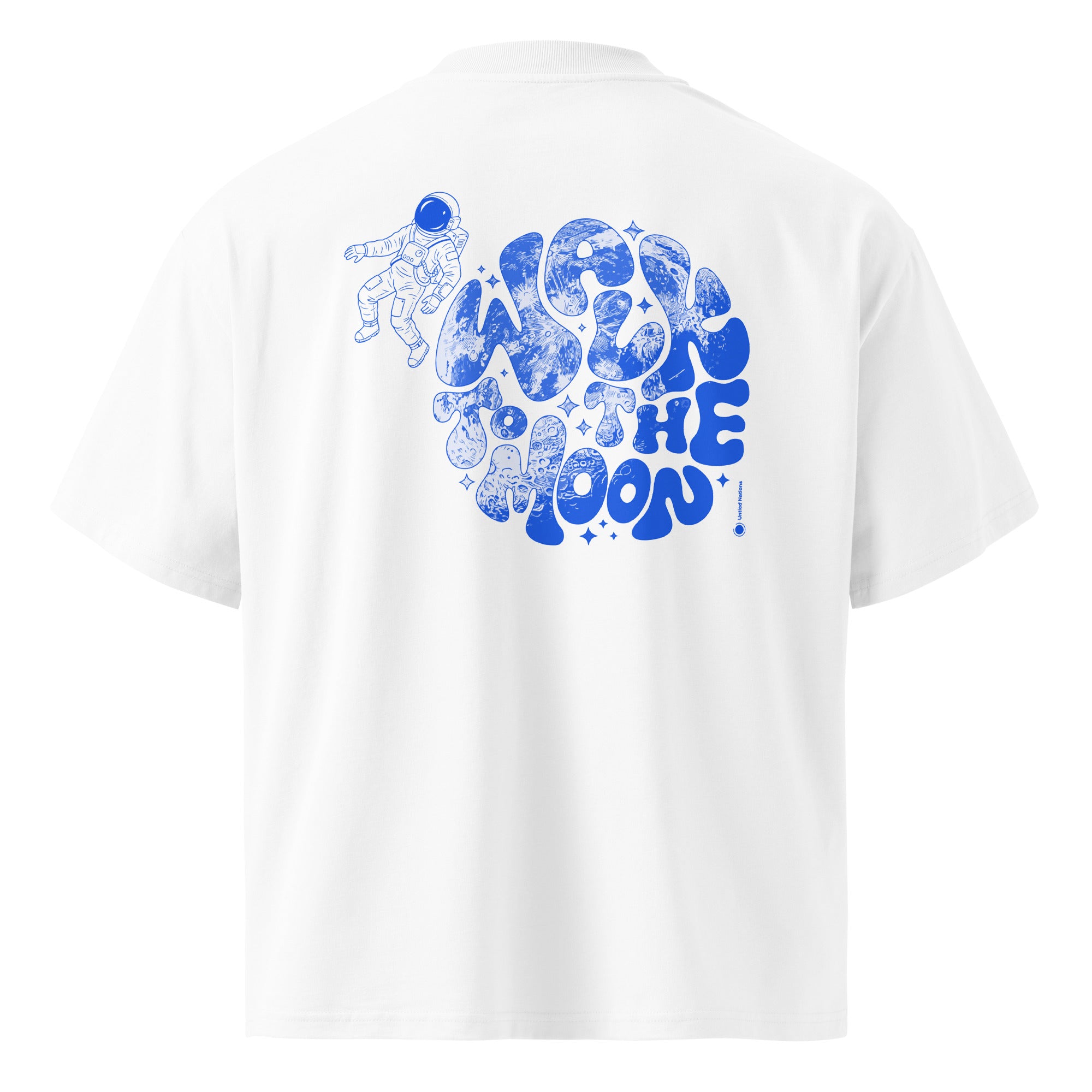 White short-sleeve T-shirt shown from the back, featuring a large blue graphic print with an astronaut and the words 'WALK TO THE MOON'.
