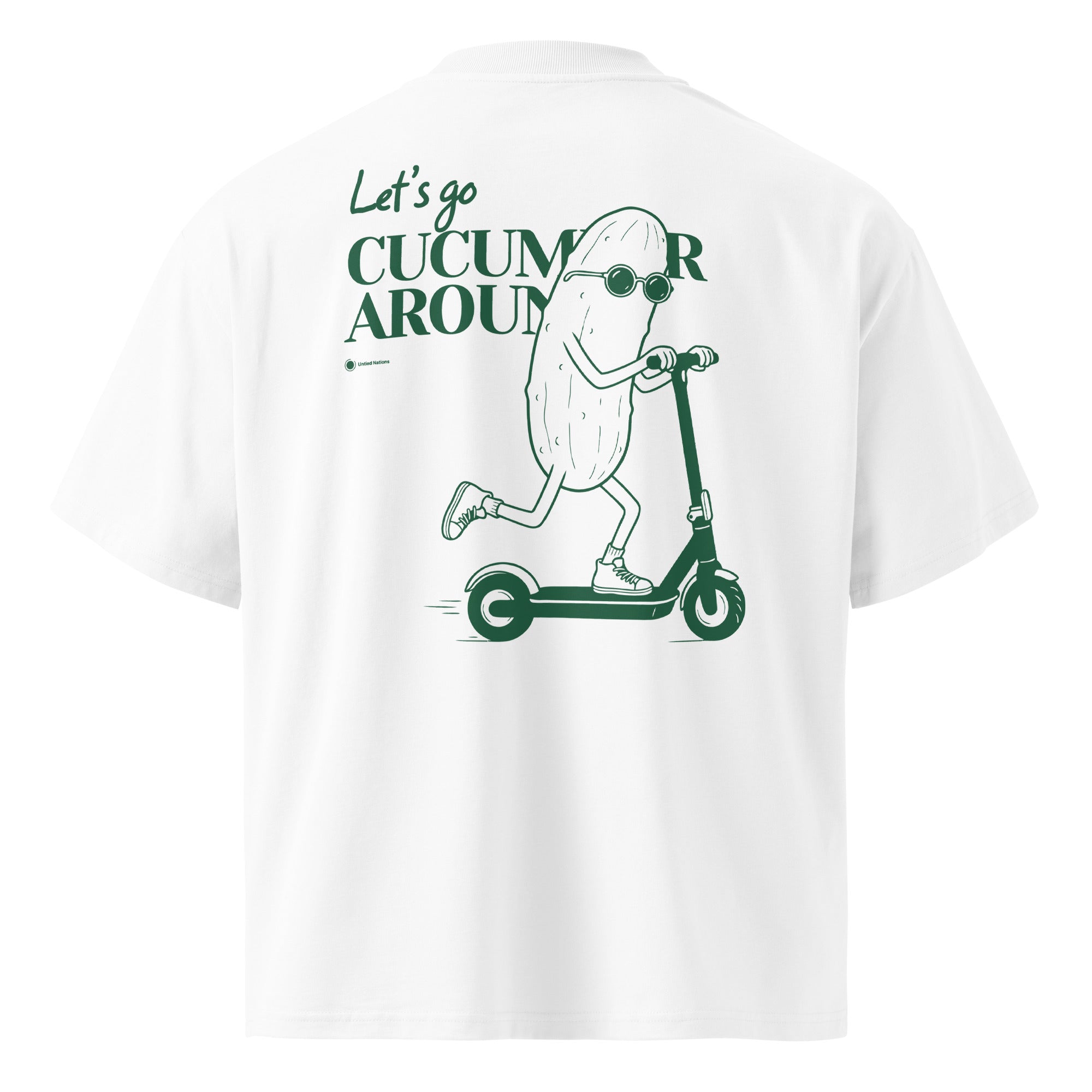 White short-sleeve t-shirt shown from the back, featuring a dark green graphic of a cartoon cucumber character riding a scooter with the text 'Let's go CUCUMOR AROUND'.