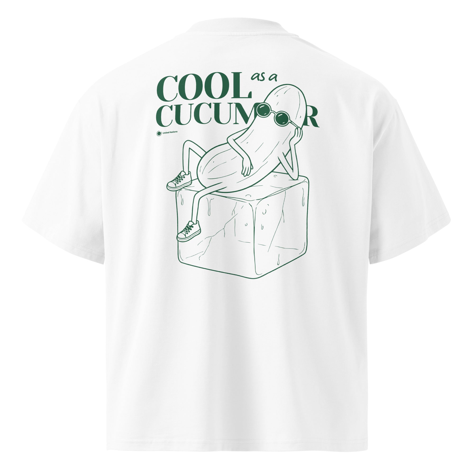 White short-sleeve t-shirt shown from the back, featuring a green graphic of a cucumber wearing sunglasses and sitting on an ice cube, with the text 'COOL as a CUCUMBER'.