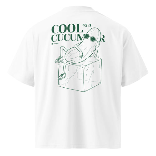 White short-sleeve t-shirt shown from the back, featuring a green graphic of a cucumber wearing sunglasses and sitting on an ice cube, with the text 'COOL as a CUCUMBER'.