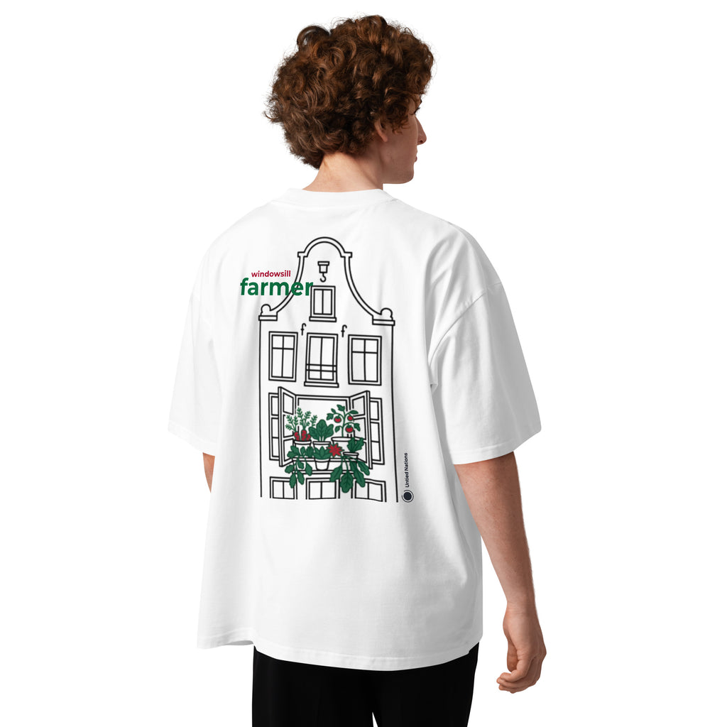 Windowsill farmer white tshirt back wearing