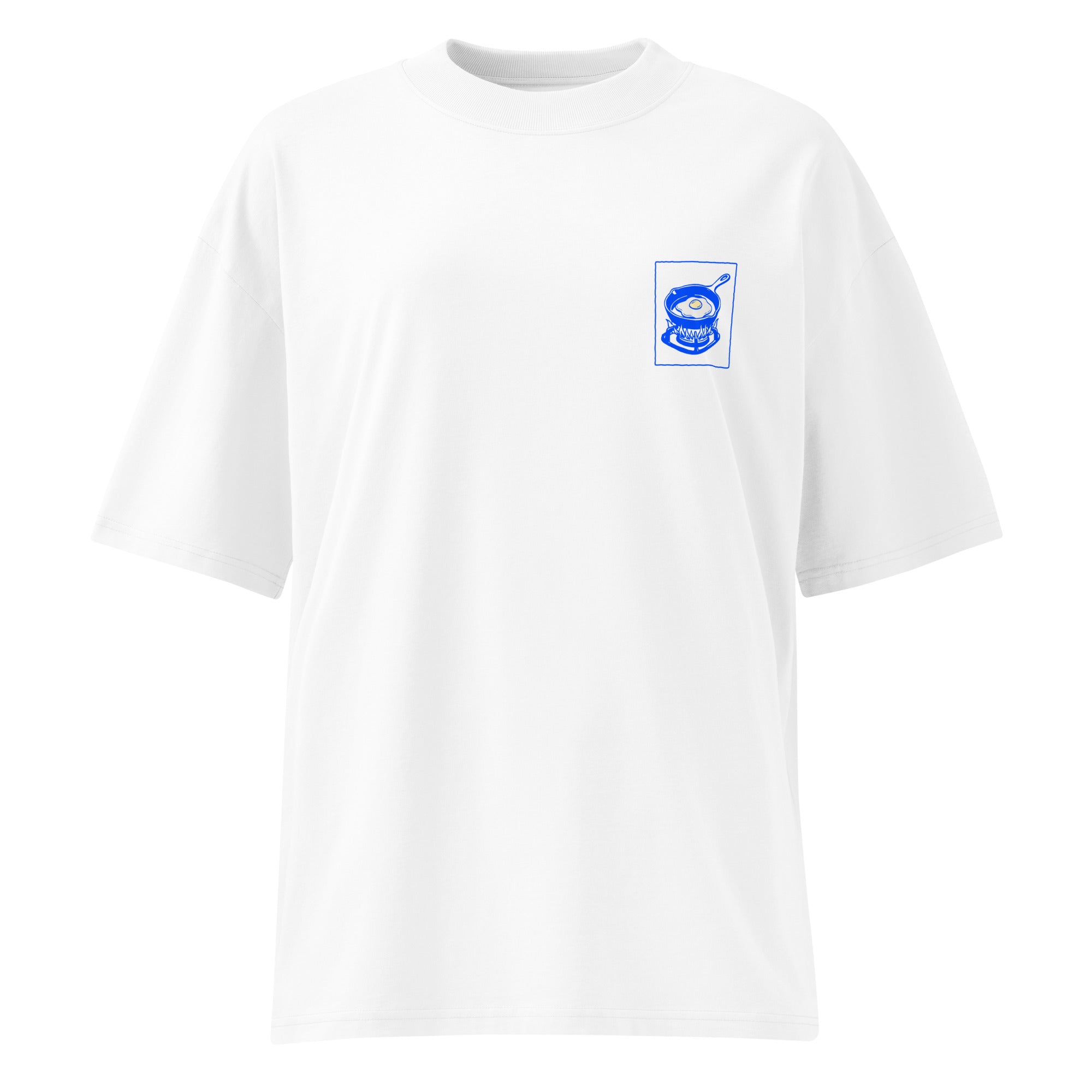 A white short-sleeve crewneck t-shirt with a small blue graphic printed on the left chest, displayed on a clean white background.