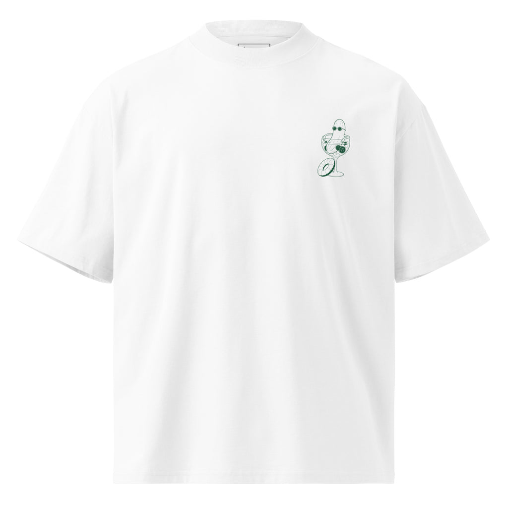 A white short-sleeve crewneck t-shirt with a small green illustration of a cucumber wearing sunglasses and sitting in a cocktail glass printed on the left chest.