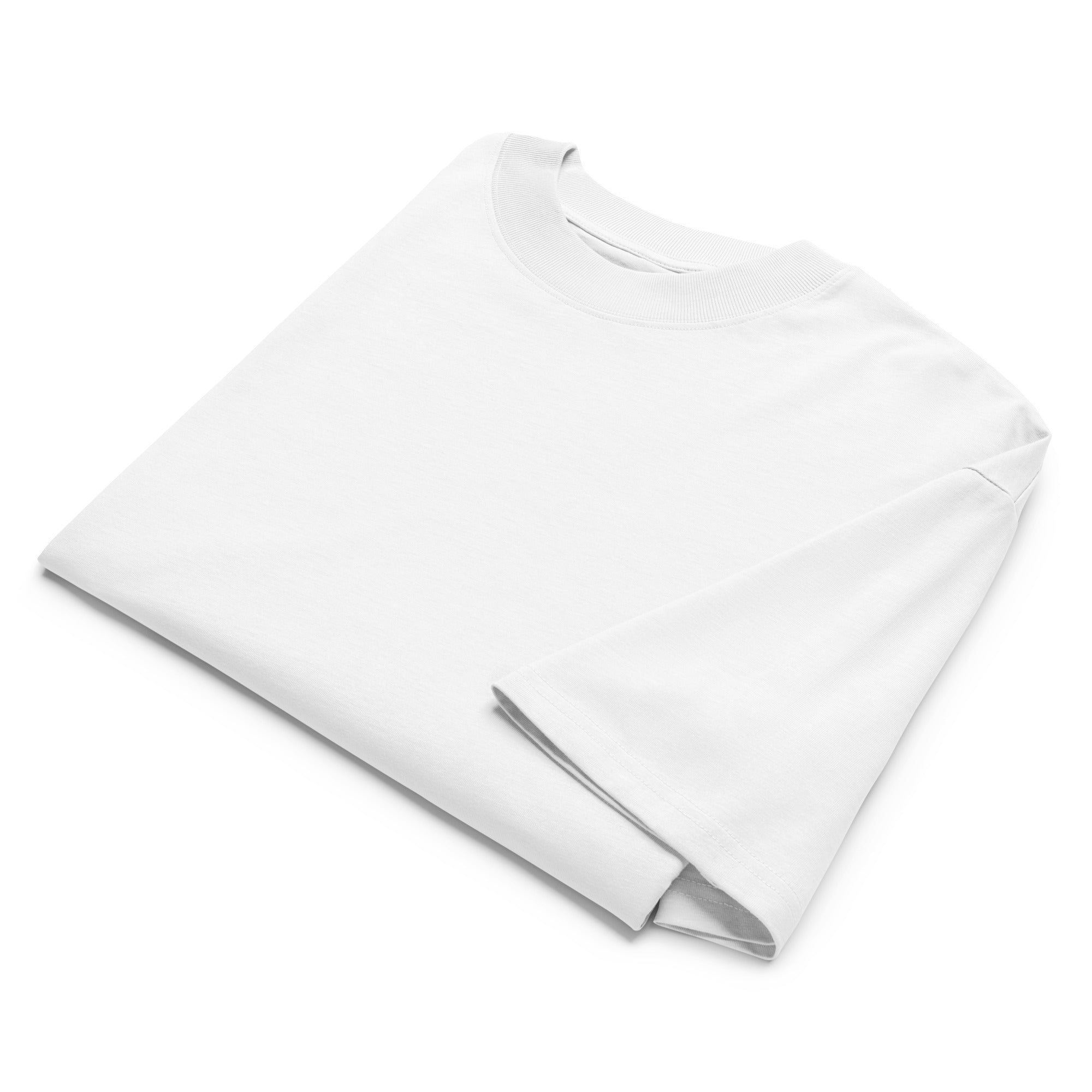Folded white t-shirt with no front print on a white background