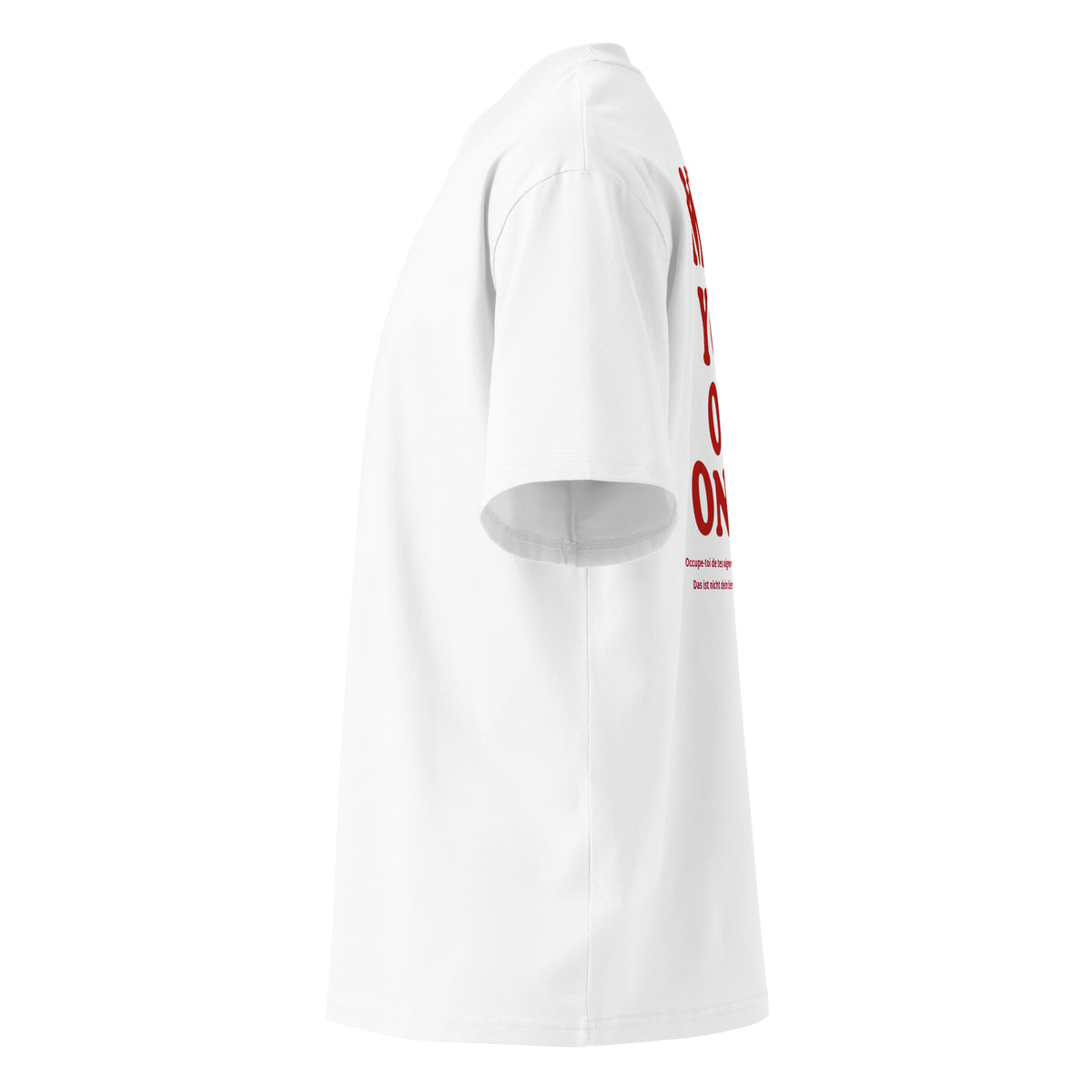 A white short-sleeve t-shirt shown from a side profile view, featuring a red graphic print on the back.