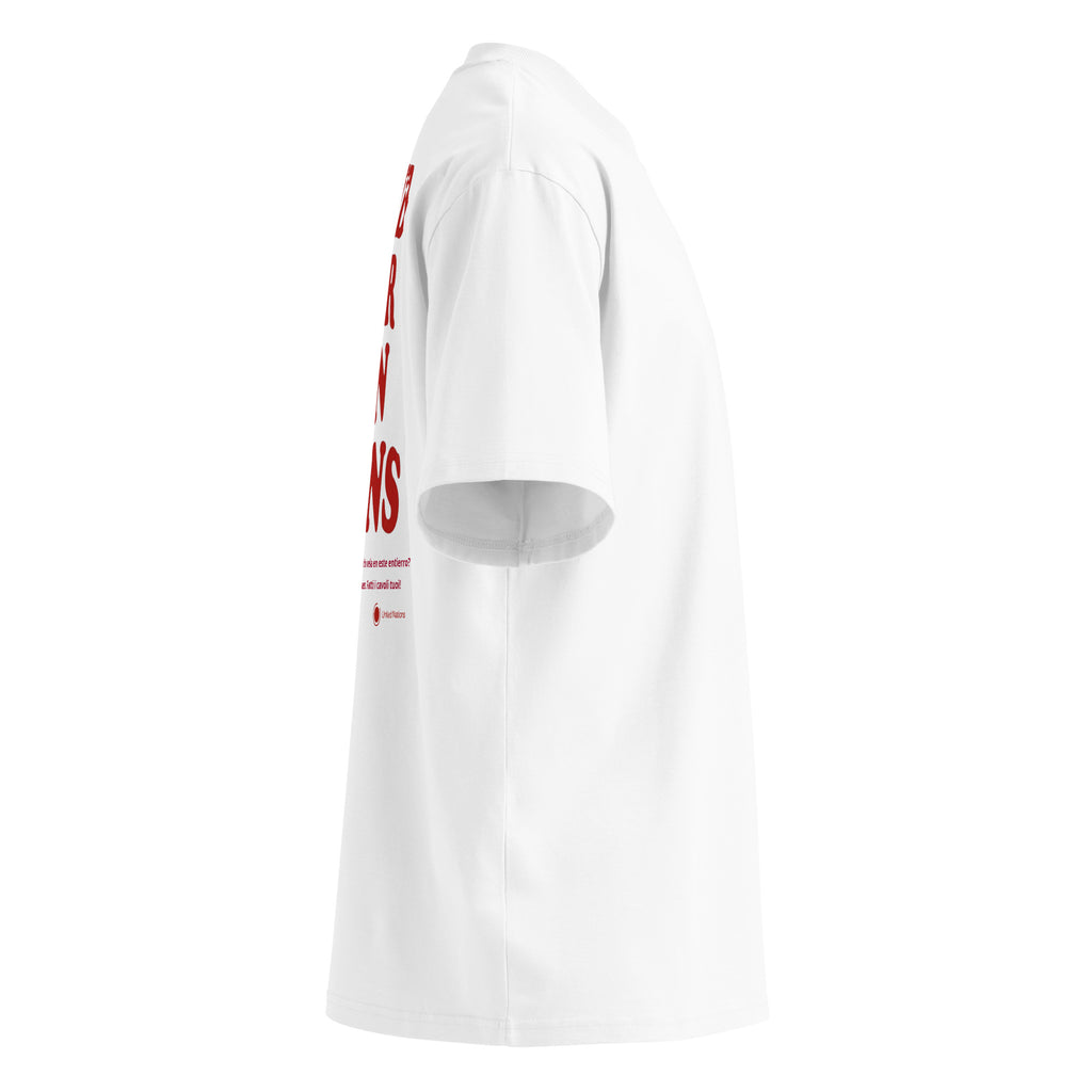 A white short-sleeve t-shirt shown from a side profile view, featuring a bold red graphic print on the back.