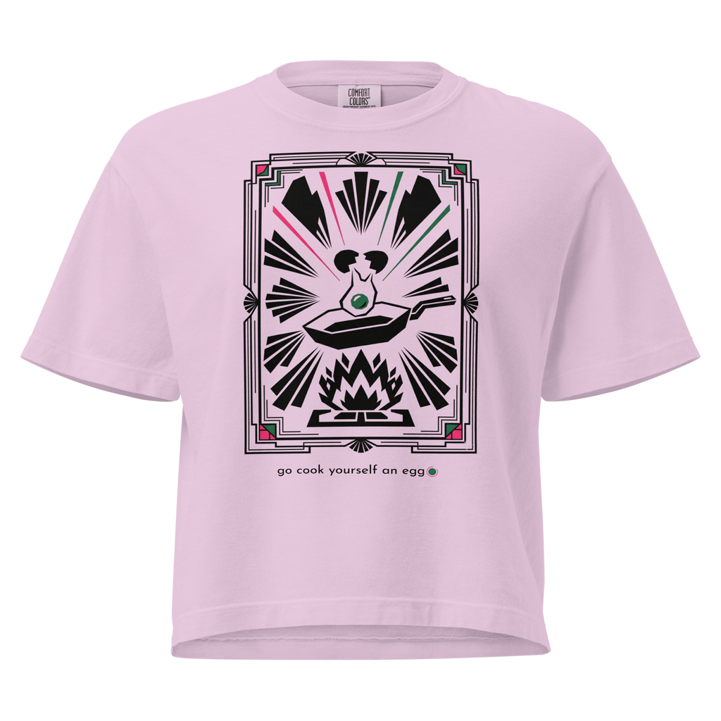 Pink t-shirt with graphic design and text on a white background