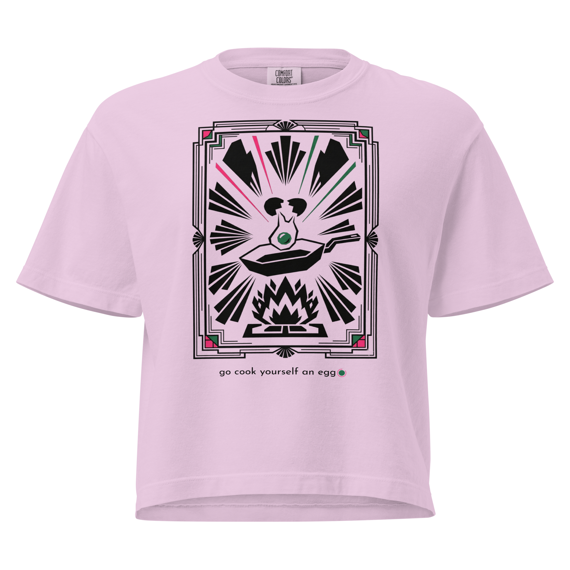 Pink t-shirt with graphic design and text on a white background