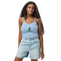 Woman wearing a light blue tank top and denim shorts on a white background