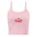 pink tank top with red embroidered text